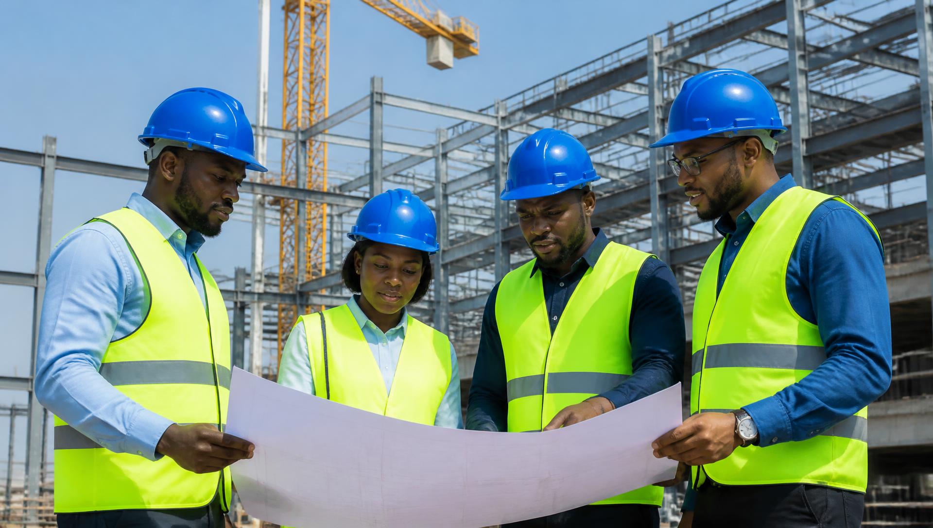 African engineers in hard hats and hi-vis vests reviewing drawings on a construction site