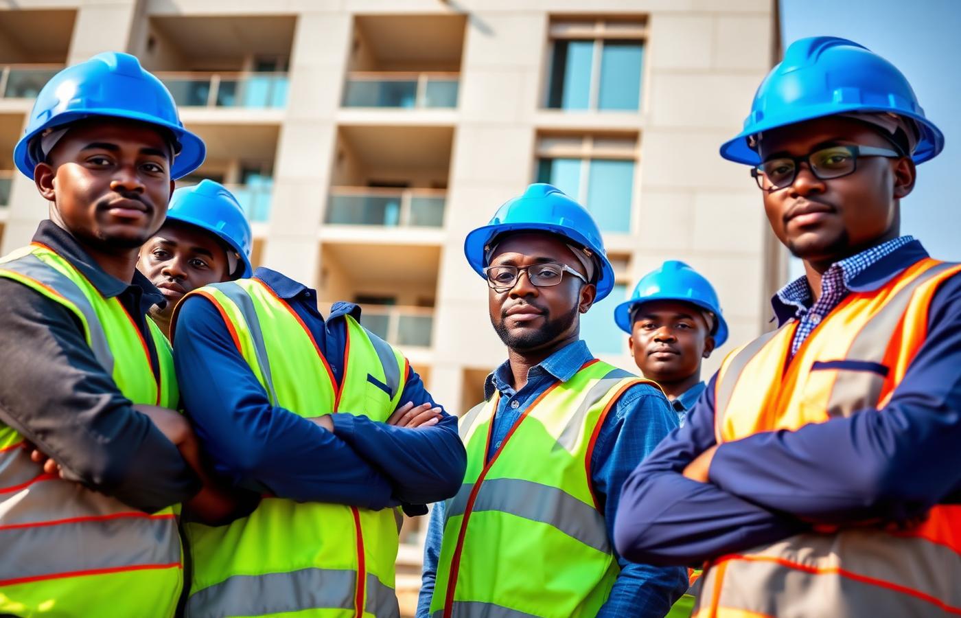 Team of African construction professionals in blue hard hats on site