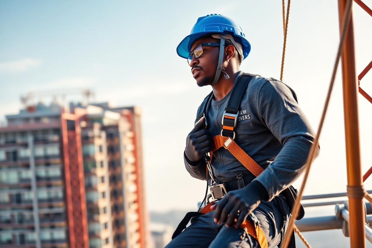 African worker in fall-arrest harness and PPE working at height on scaffolding